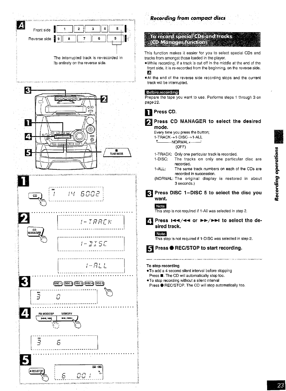 Press cd, Press cd manager to select the desired, Mode | Press disc 1-disc 5 to select the disc you, Want, Press or to select the de, Sired track, Press • rec/stop to start recording | Panasonic SC-AK25 User Manual | Page 23 / 36
