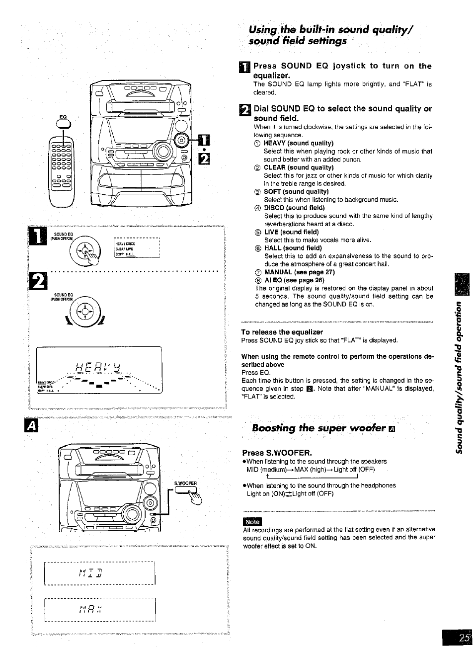 Press sound eq joystick to turn on the equalizer, To release the equalizer, Boosting the | Super woofer, C2 a, 2■0 c, 0a c -0 c a (8 | Panasonic SC-AK25 User Manual | Page 25 / 36