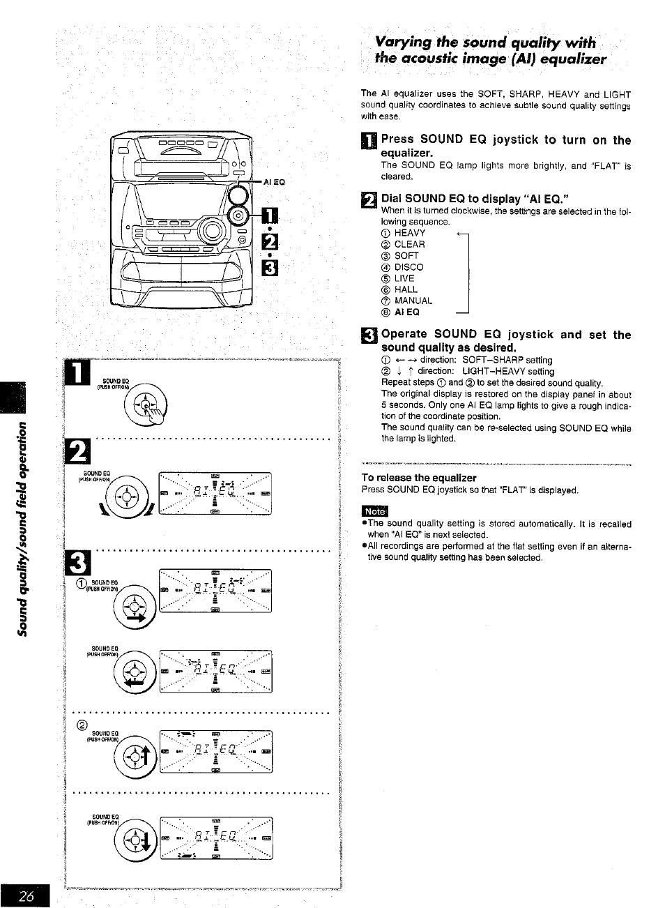 Press sound eq joystick to turn on the equalizer, Dial sound eq to display “at eq, To release the equalizer | Panasonic SC-AK25 User Manual | Page 26 / 36