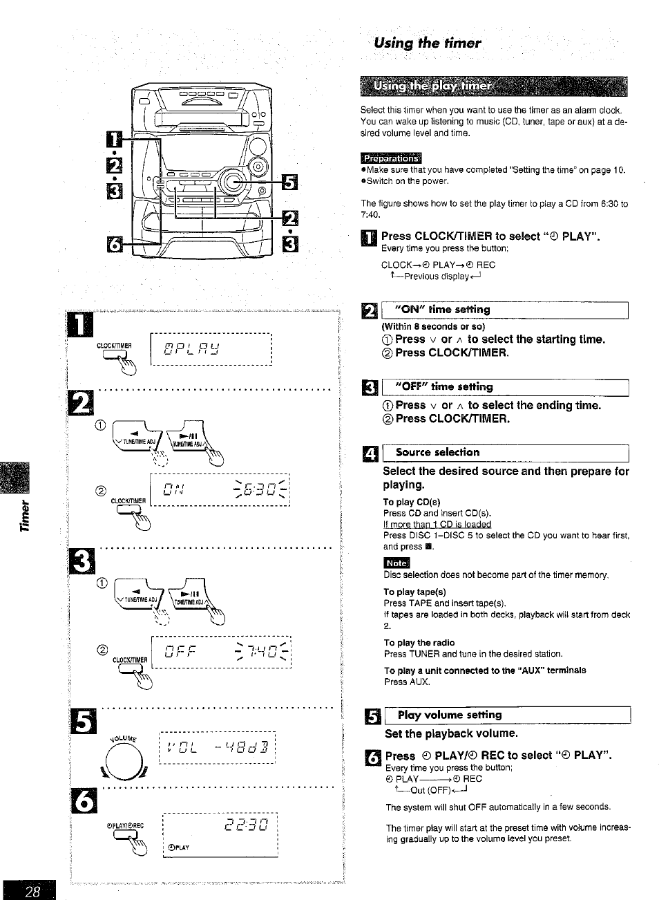 Press clock/tlivier to select “© play, On" time setting, Source selection | Set the playback volume, Press © play/0 rec to select “© play | Panasonic SC-AK25 User Manual | Page 28 / 36