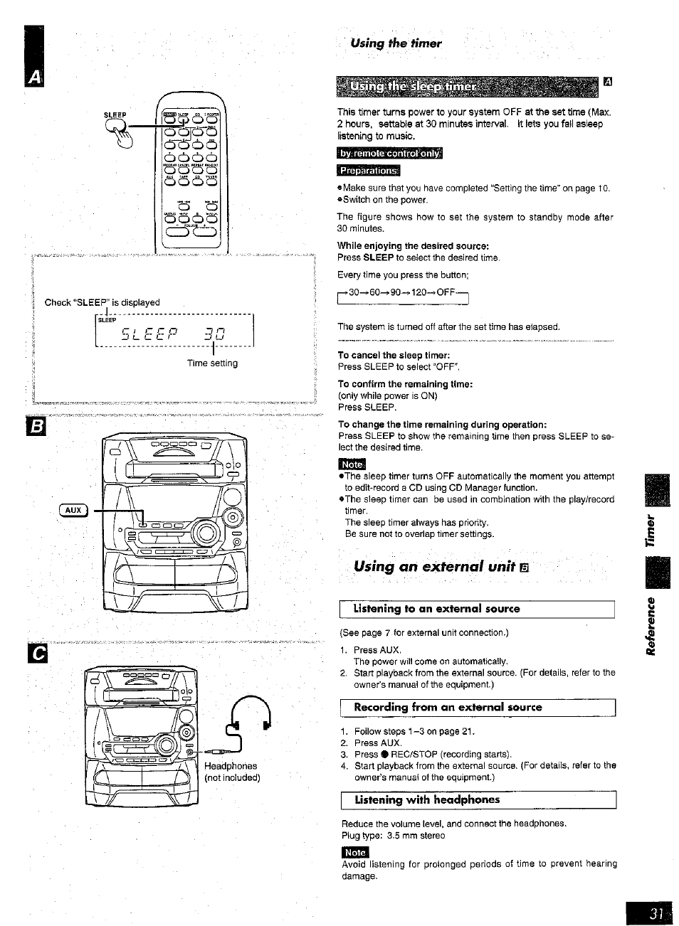 И1яйй, Listening to an external source, Recording from on external source | Using an extemal unit ш | Panasonic SC-AK25 User Manual | Page 31 / 36