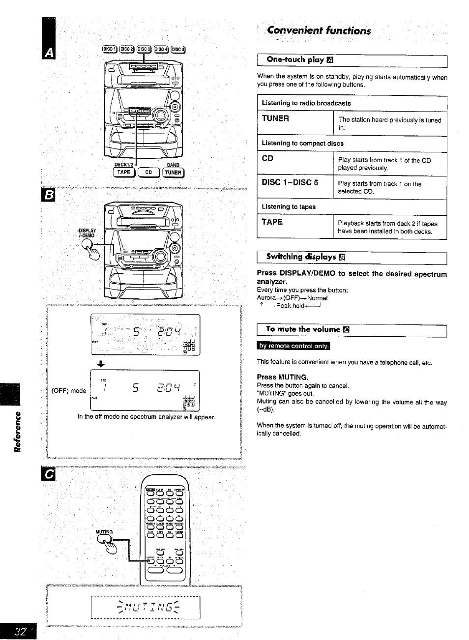One-touch ploy el, Switching displays m, To mute the volume | Press muting, Cónven/enf functions | Panasonic SC-AK25 User Manual | Page 32 / 36