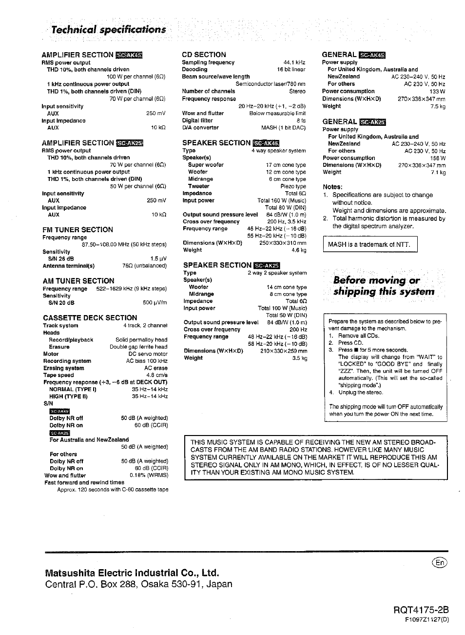 Amplifier section, Fm tuner section, Am tuner section | Cassette deck section, Cd section, Speaker section, General, Movm0 or shipping this, Technkaf spedfkations, System | Panasonic SC-AK25 User Manual | Page 36 / 36