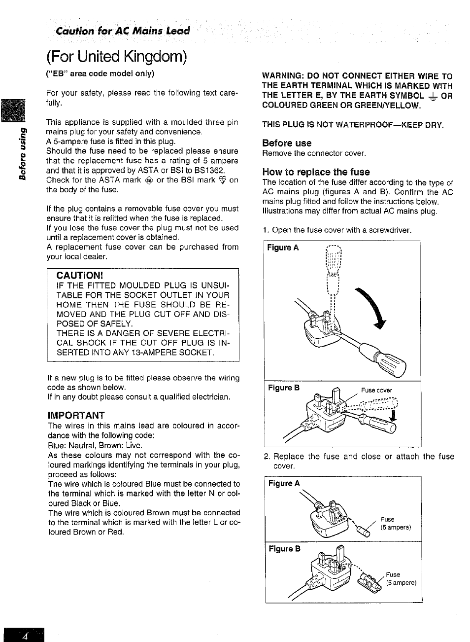 Blue: neutral, brown: live, For united kingdom), Caution for ac maim lead | Panasonic SC-AK25 User Manual | Page 4 / 36