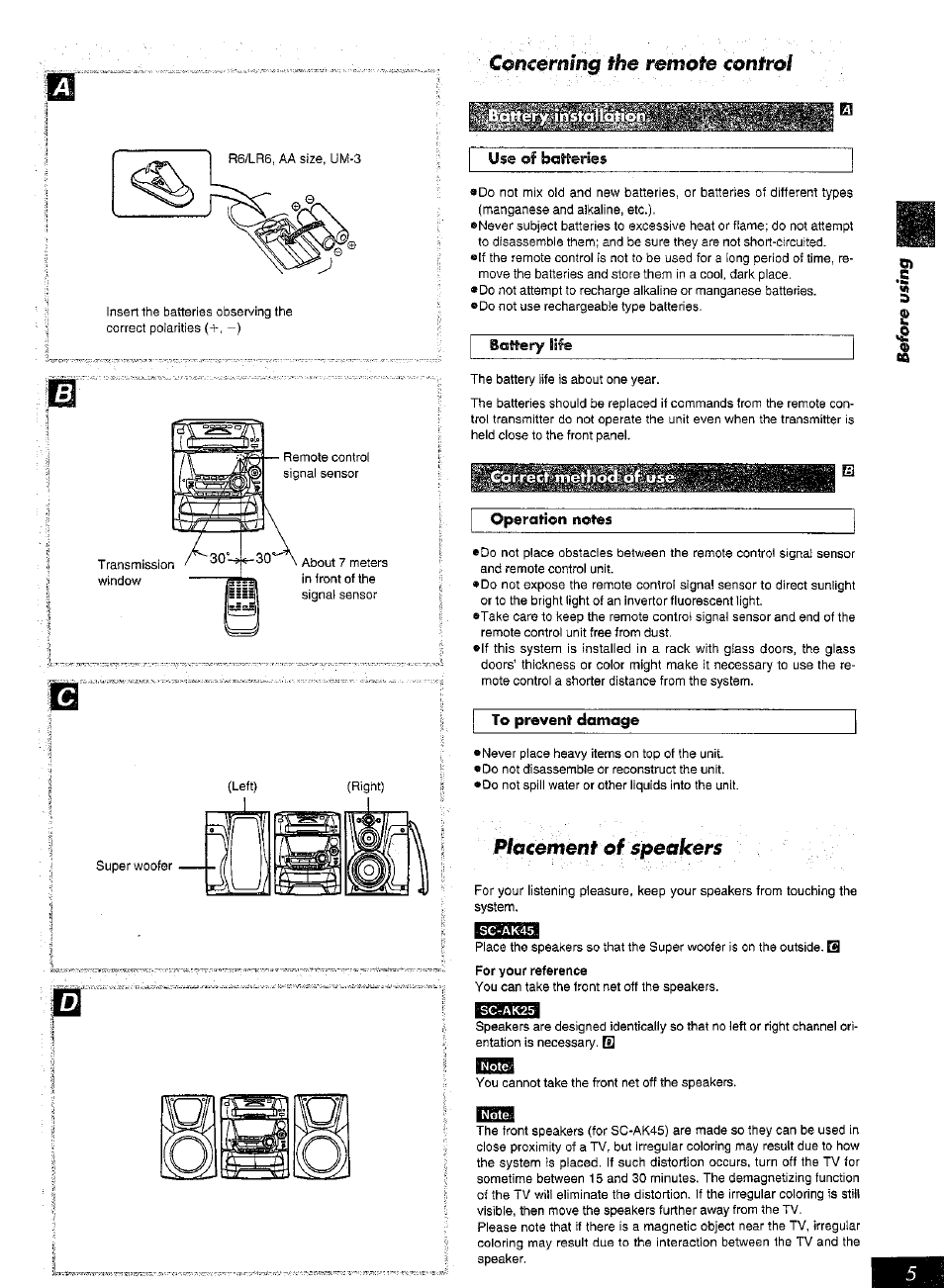 Use of baíi^eríes, Bjbbi, Contro | Cqsìcemmg the remote, Placement oi speakers | Panasonic SC-AK25 User Manual | Page 5 / 36