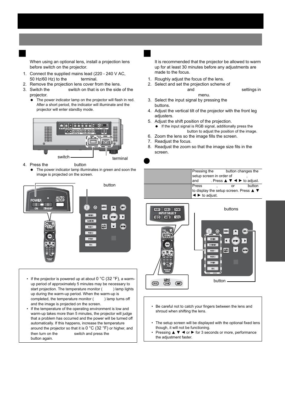 Projecting, Projecting a image, Nglish - 19 | Switching on the projector, Making adjustment and selection, Basic o p eration, Adjusting focus, zoom and shift, Caution | Panasonic PT-D5000S User Manual | Page 19 / 42