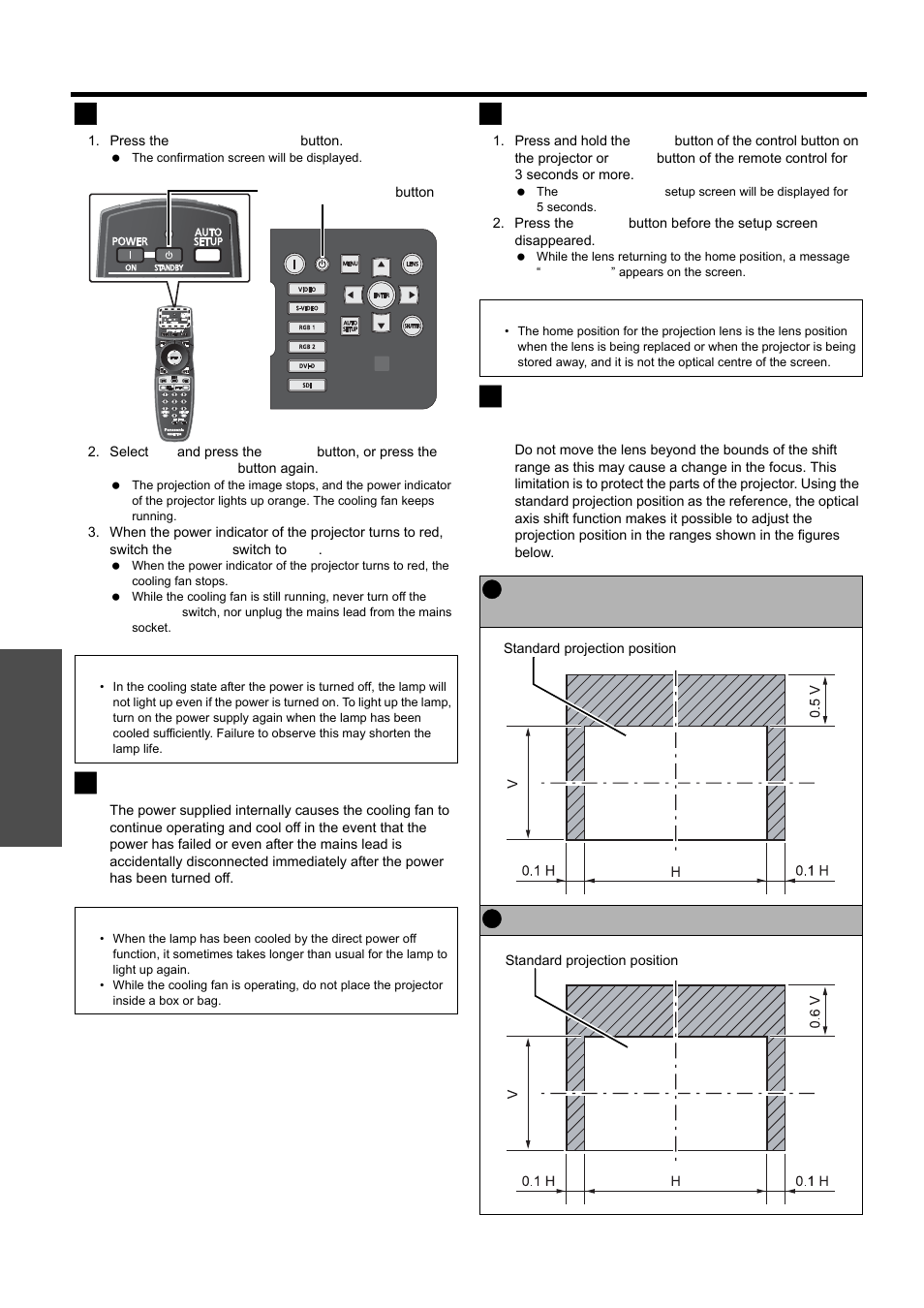 Nglish - 20, Projecting, Switching off the projector | Direct power off function, Lens home position, Basic o p eration | Panasonic PT-D5000S User Manual | Page 20 / 42