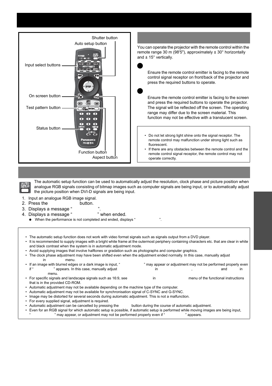 Remote control operation, Operating range, Setting up the image position automatically | Nglish - 21, Basic o p eration | Panasonic PT-D5000S User Manual | Page 21 / 42