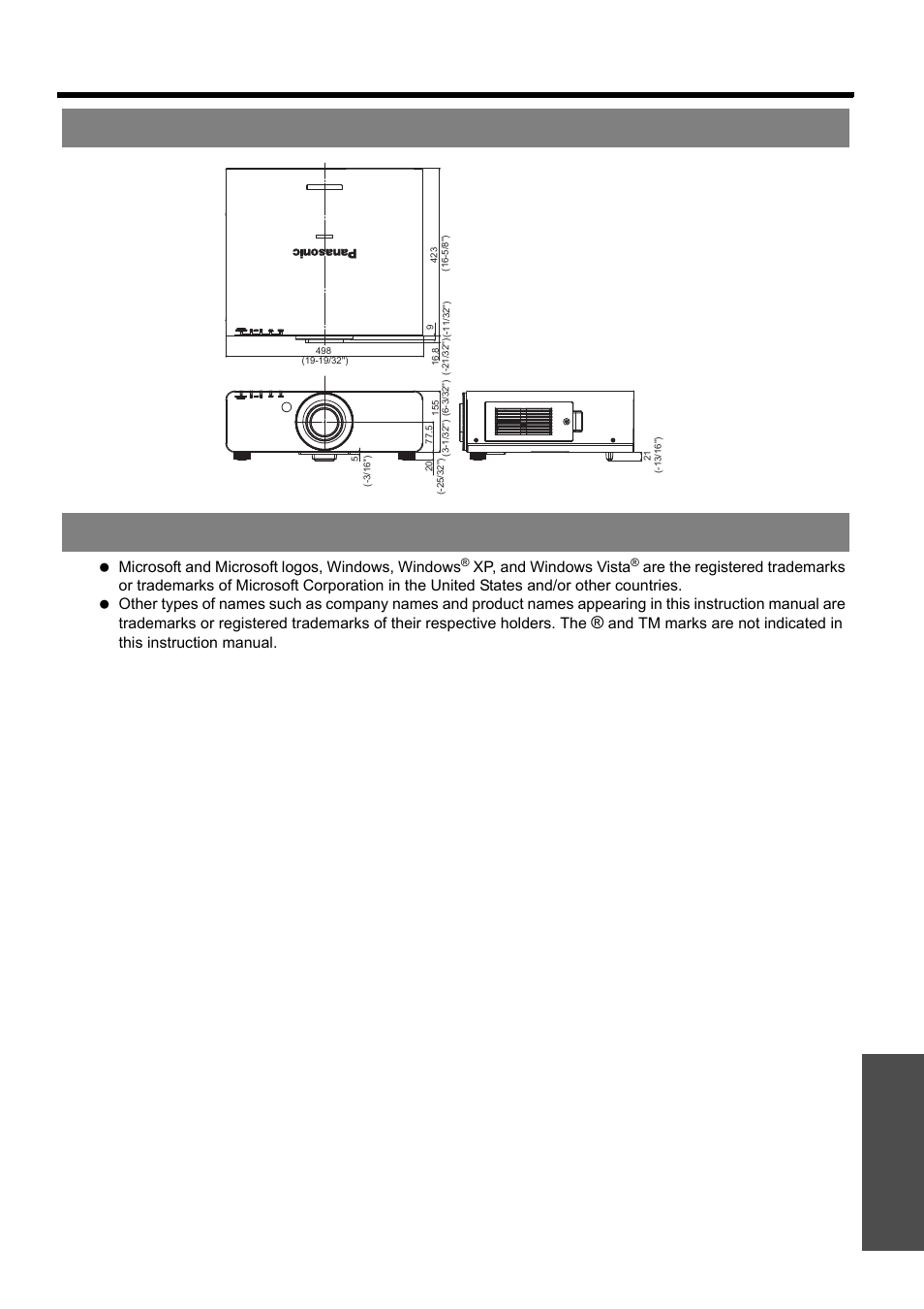 Dimensions, Trademark acknowledgements, Dimensions trademark acknowledgements | Nglish - 39, Technical information, Appendix | Panasonic PT-D5000S User Manual | Page 39 / 42