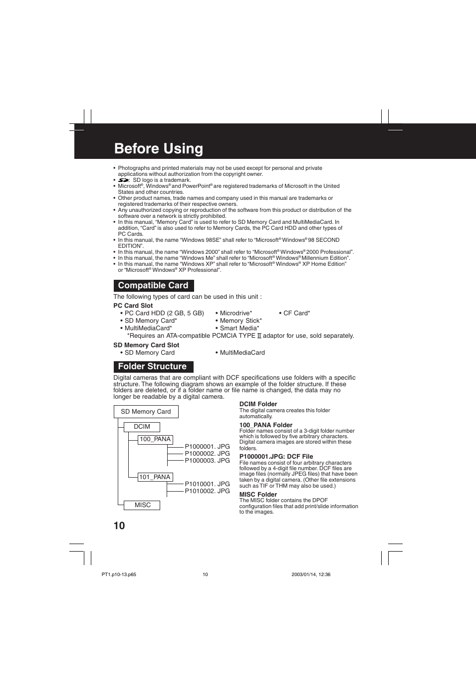 Before using, Compatible card, Folder structure | Panasonic SV-PT1PP User Manual | Page 10 / 62