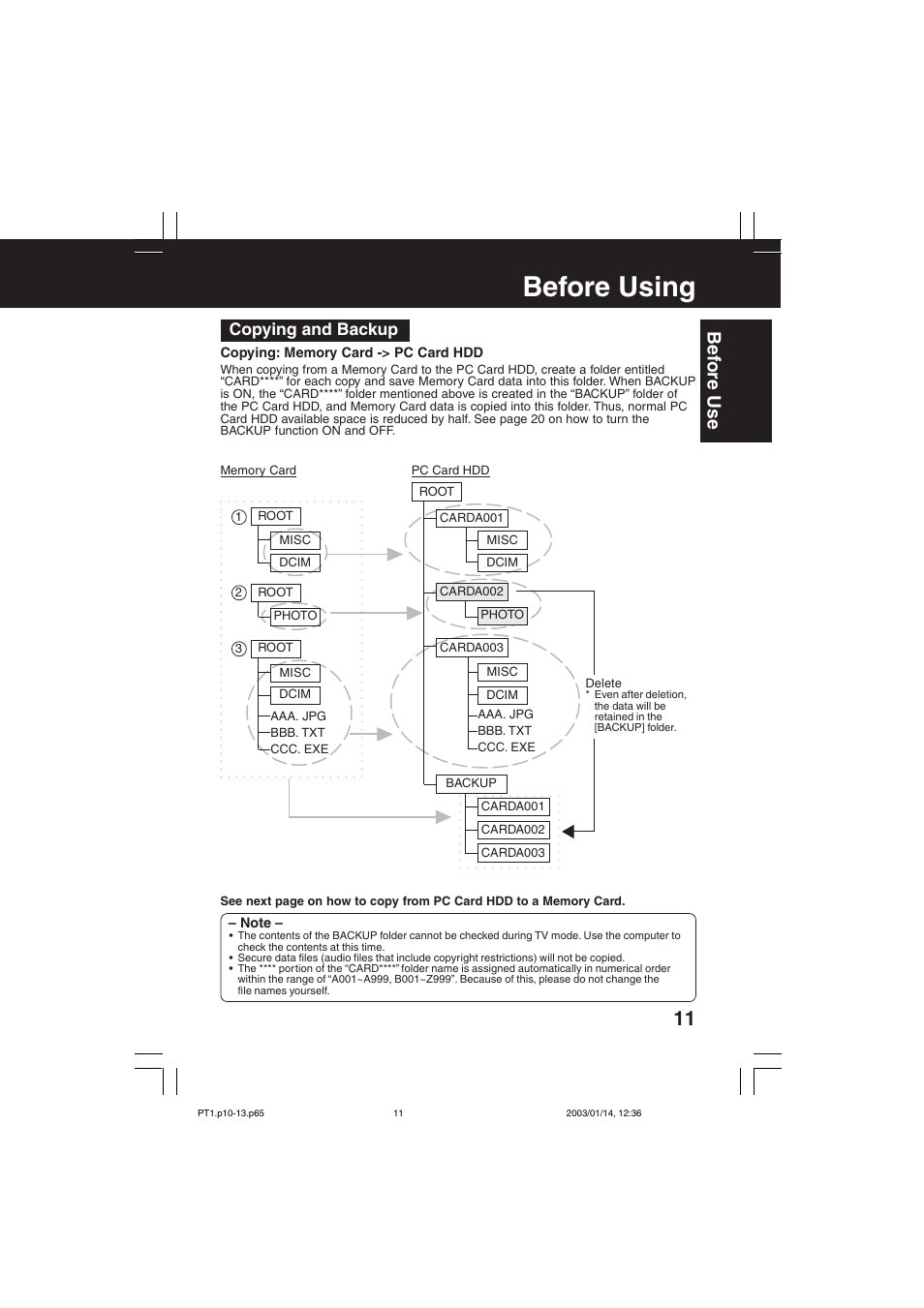 Before using, Be fore use, Copying and backup | Panasonic SV-PT1PP User Manual | Page 11 / 62