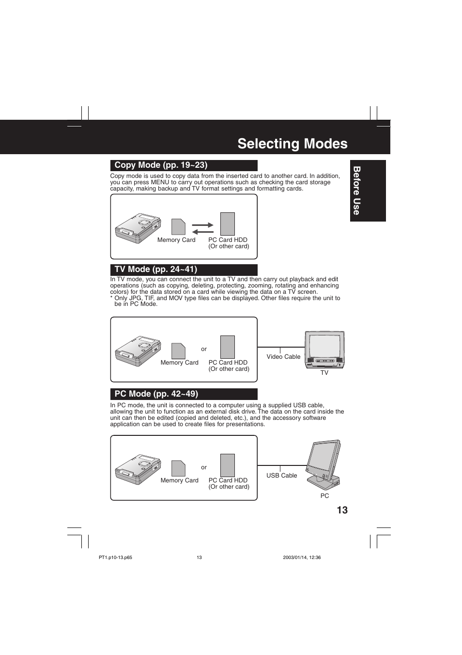 Selecting modes [copy/tv/pc, Selecting modes, Be fore use | Panasonic SV-PT1PP User Manual | Page 13 / 62