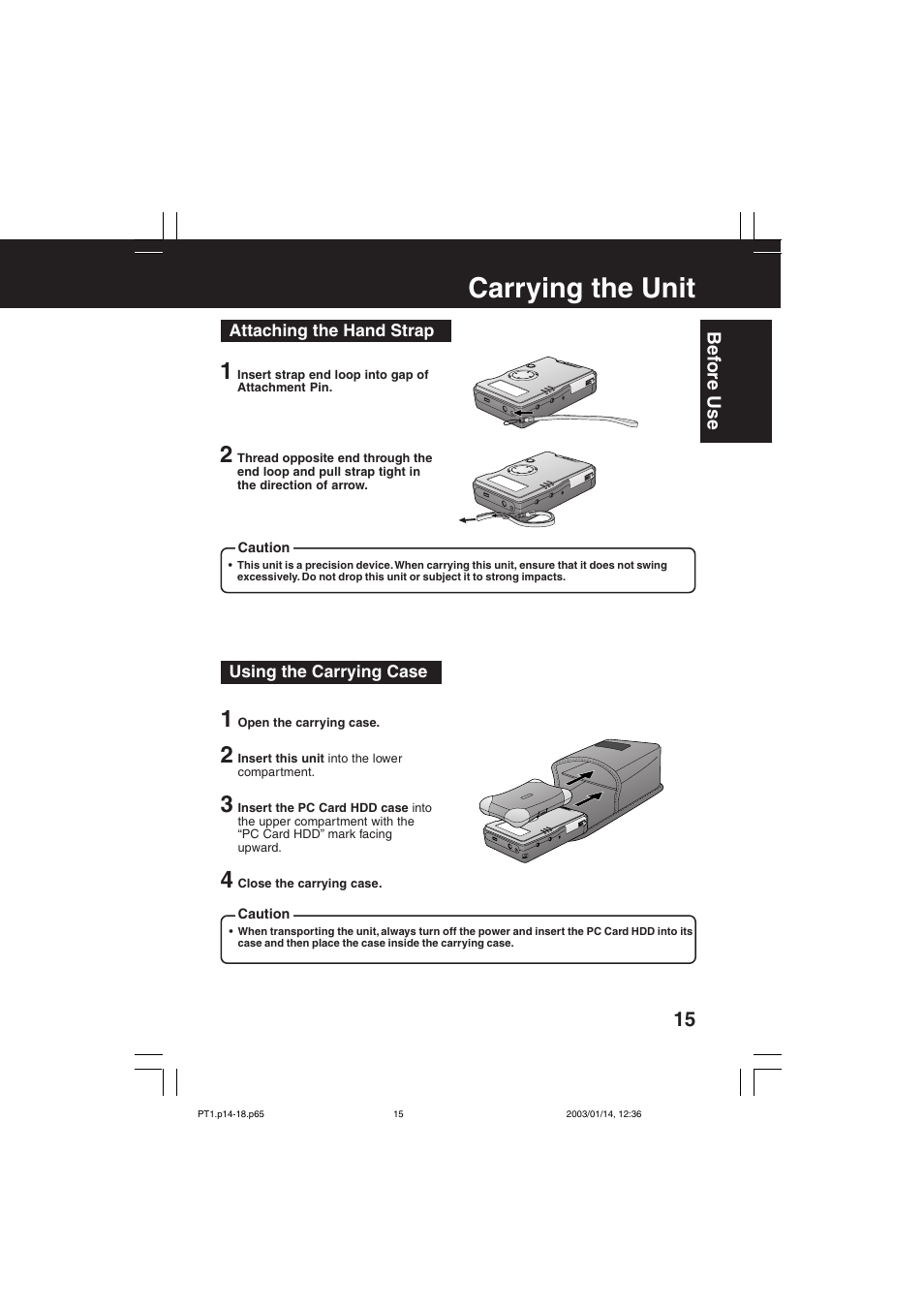 Carrying the unit | Panasonic SV-PT1PP User Manual | Page 15 / 62