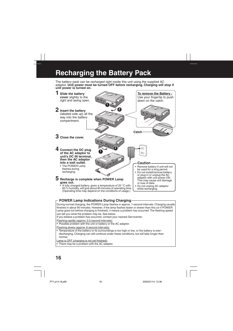 Recharging the battery pack | Panasonic SV-PT1PP User Manual | Page 16 / 62