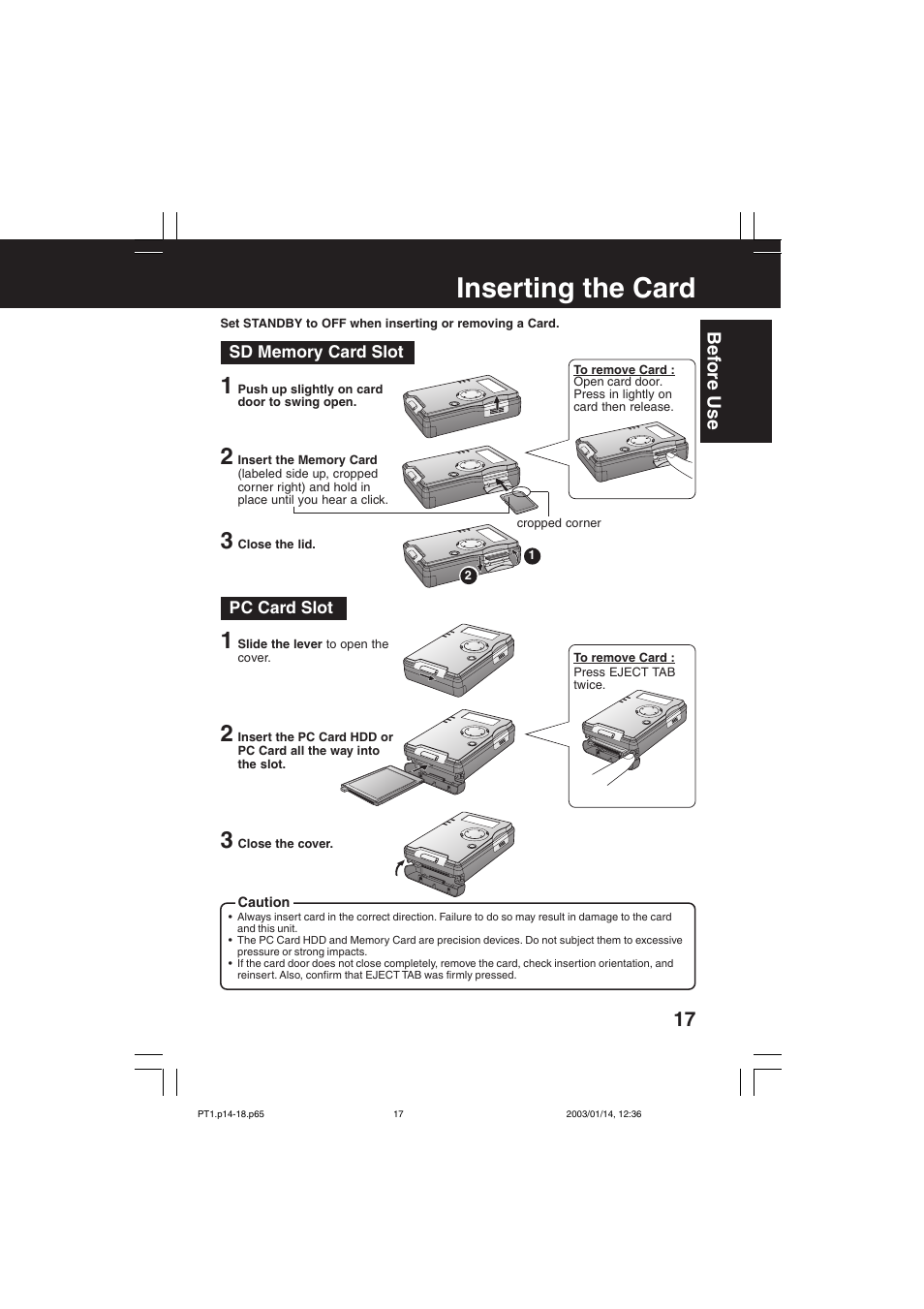 Inserting the card, Be fore use | Panasonic SV-PT1PP User Manual | Page 17 / 62