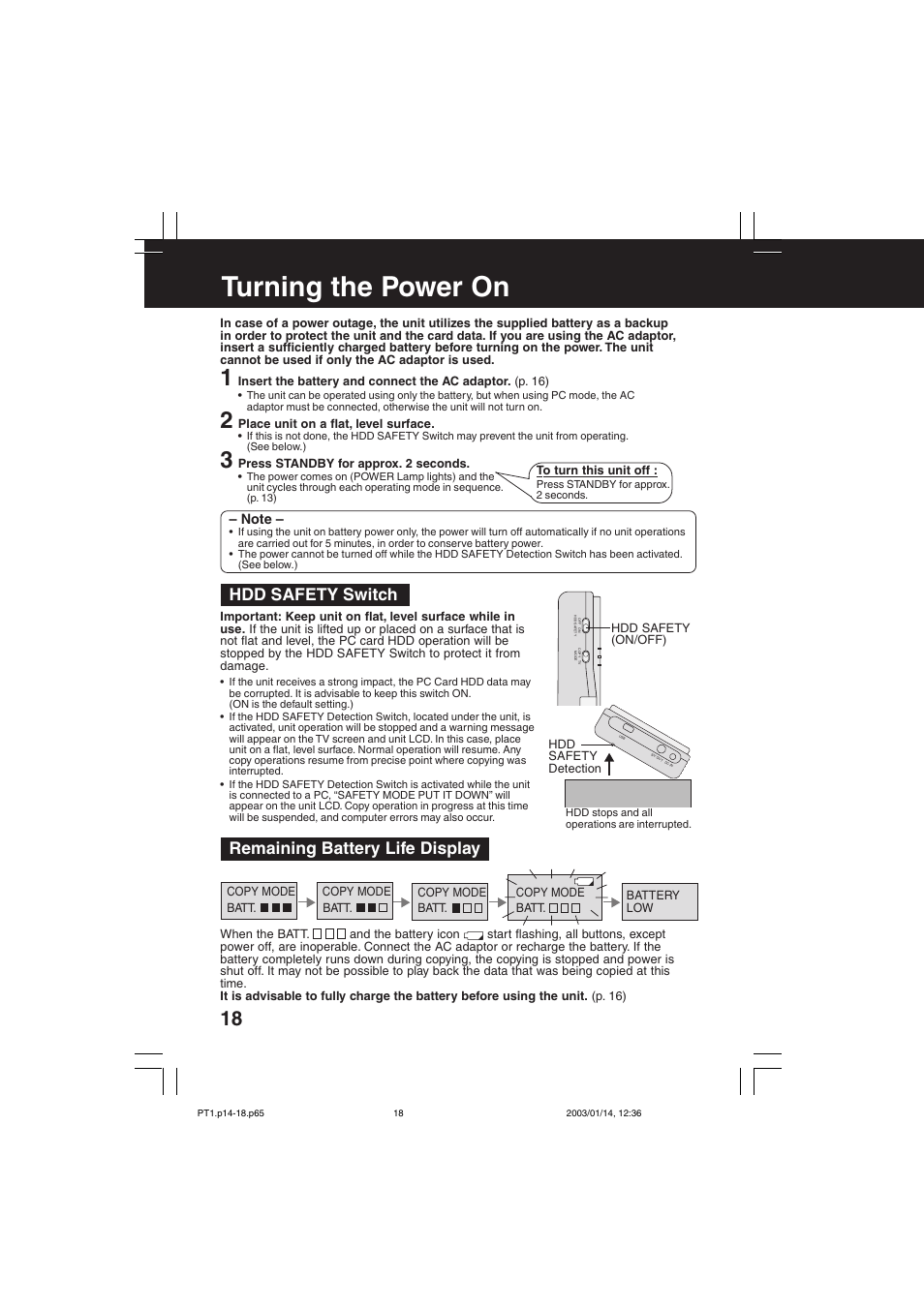 Turning the power on, Hdd safety switch, Remaining battery life display | Panasonic SV-PT1PP User Manual | Page 18 / 62