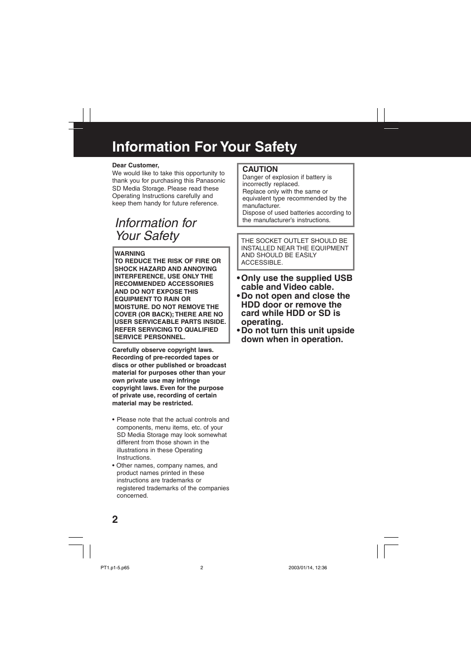 Before use, Information for your safety | Panasonic SV-PT1PP User Manual | Page 2 / 62