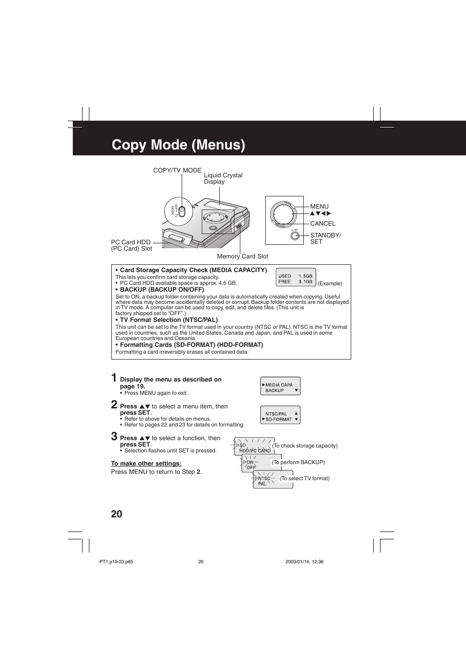 Menus, Copy mode (menus) | Panasonic SV-PT1PP User Manual | Page 20 / 62