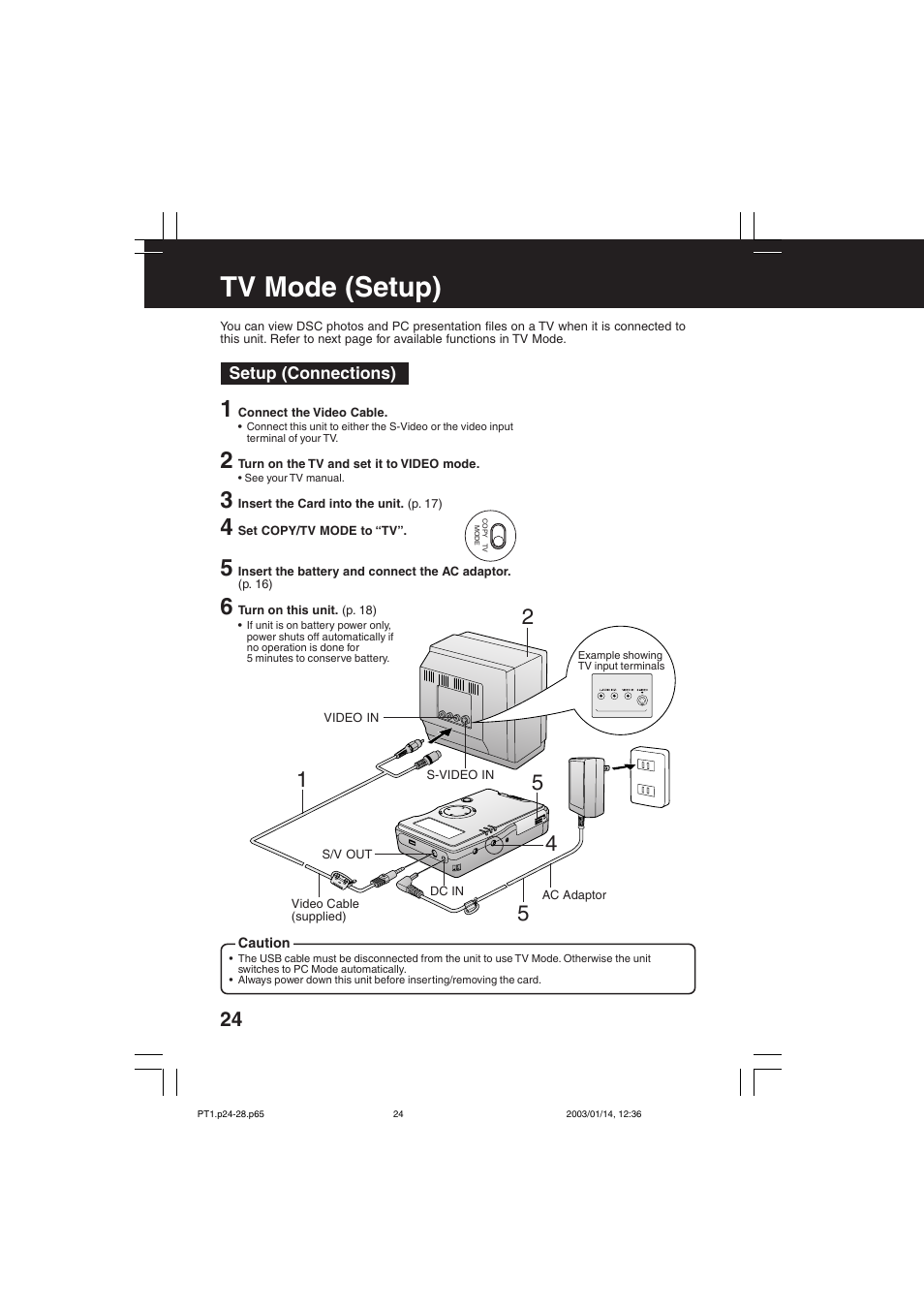 Tv mode, Tv mode setup, Tv mode (setup) | Panasonic SV-PT1PP User Manual | Page 24 / 62