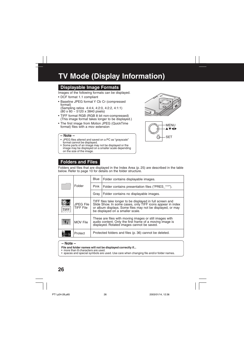 Display information, Tv mode (display information), Displayable image formats | Folders and files | Panasonic SV-PT1PP User Manual | Page 26 / 62