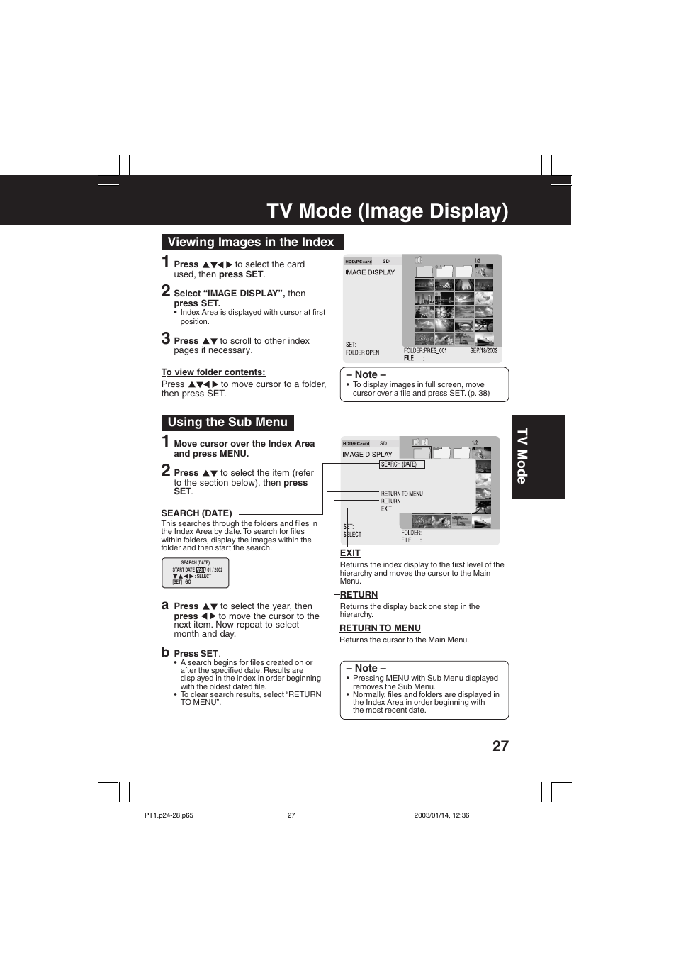 Image display, Tv mode (image display), Tv mode | Viewing images in the index, Using the sub menu | Panasonic SV-PT1PP User Manual | Page 27 / 62