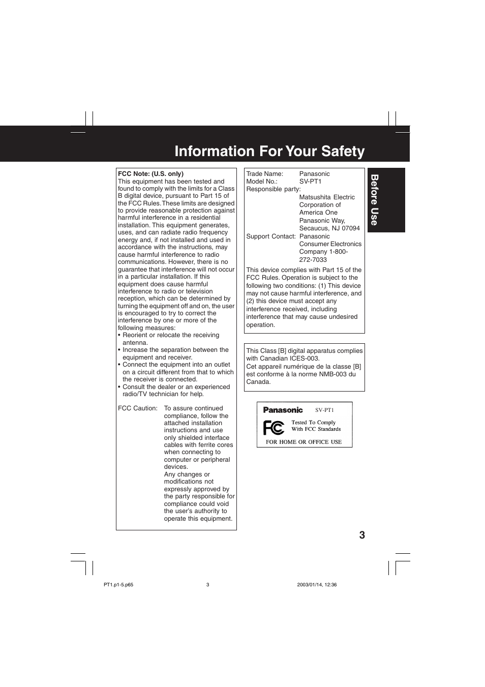 Information for your safety, Be fore use | Panasonic SV-PT1PP User Manual | Page 3 / 62