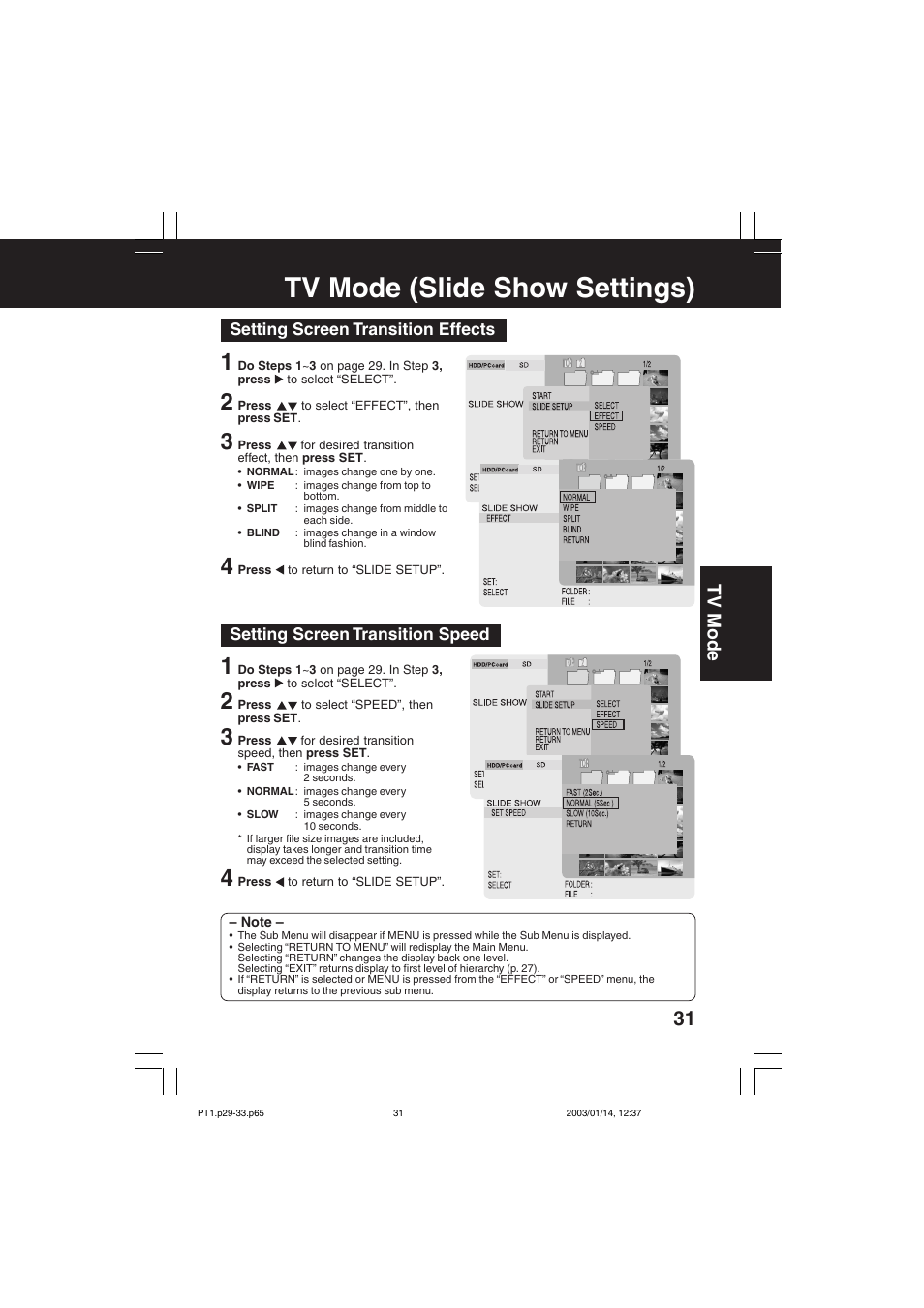 Tv mode (slide show settings), Tv mode | Panasonic SV-PT1PP User Manual | Page 31 / 62