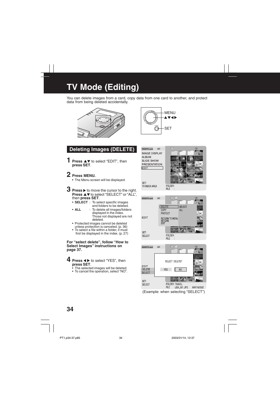 Editing, Tv mode (editing), Deleting images (delete) | Panasonic SV-PT1PP User Manual | Page 34 / 62