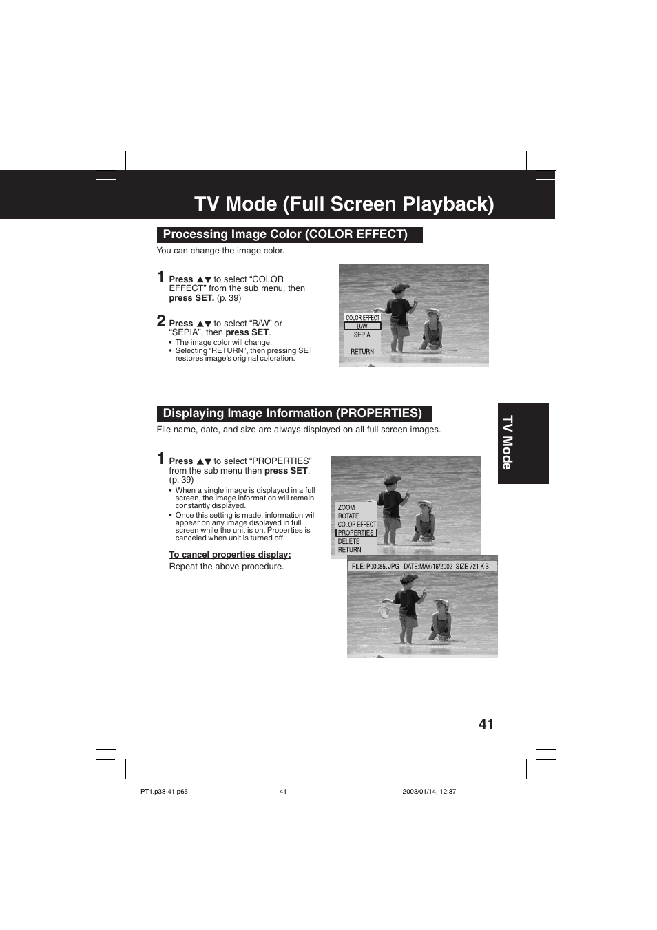 Tv mode (full screen playback), Tv mode | Panasonic SV-PT1PP User Manual | Page 41 / 62