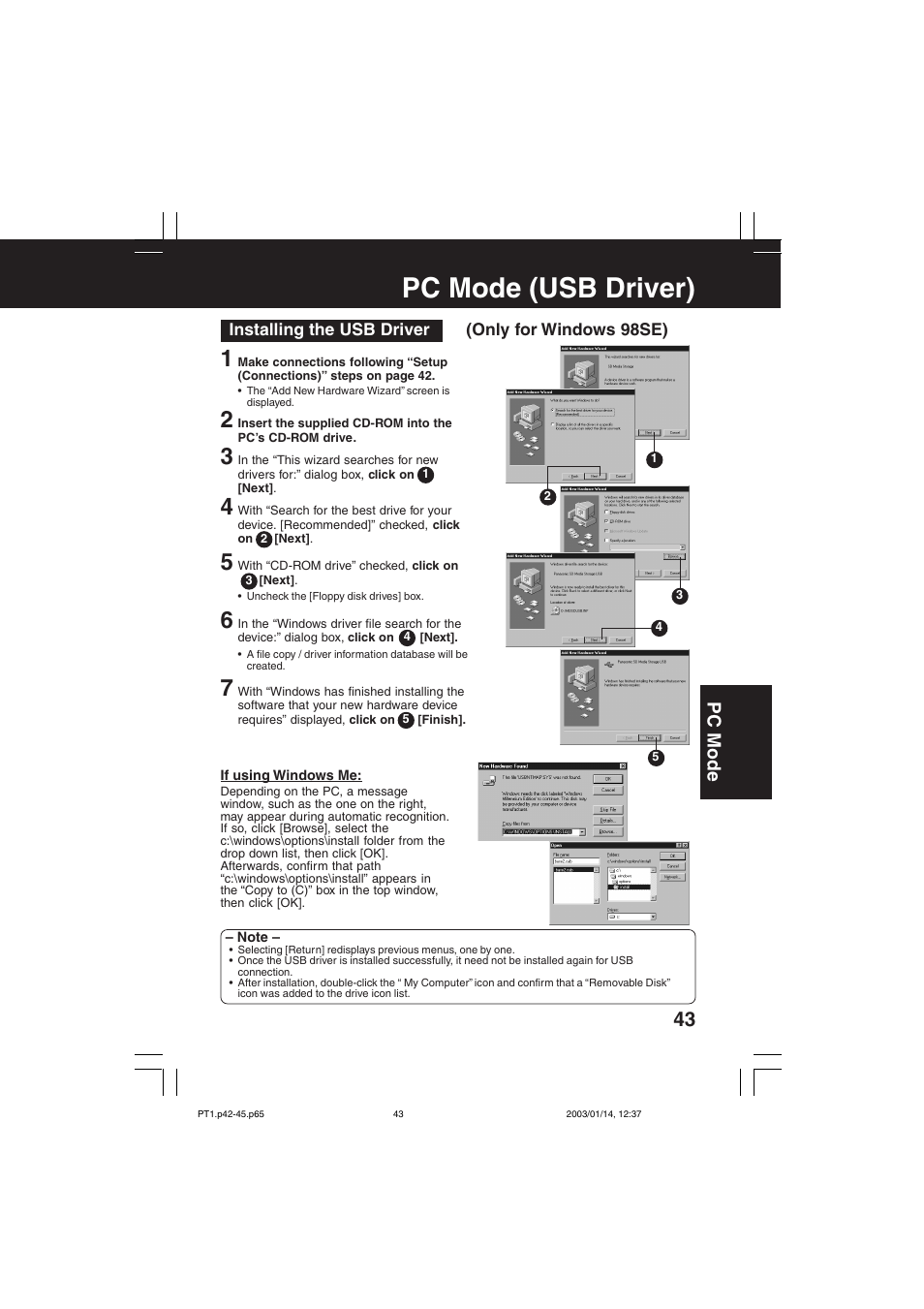 Pc mode (usb driver), Pc mode | Panasonic SV-PT1PP User Manual | Page 43 / 62