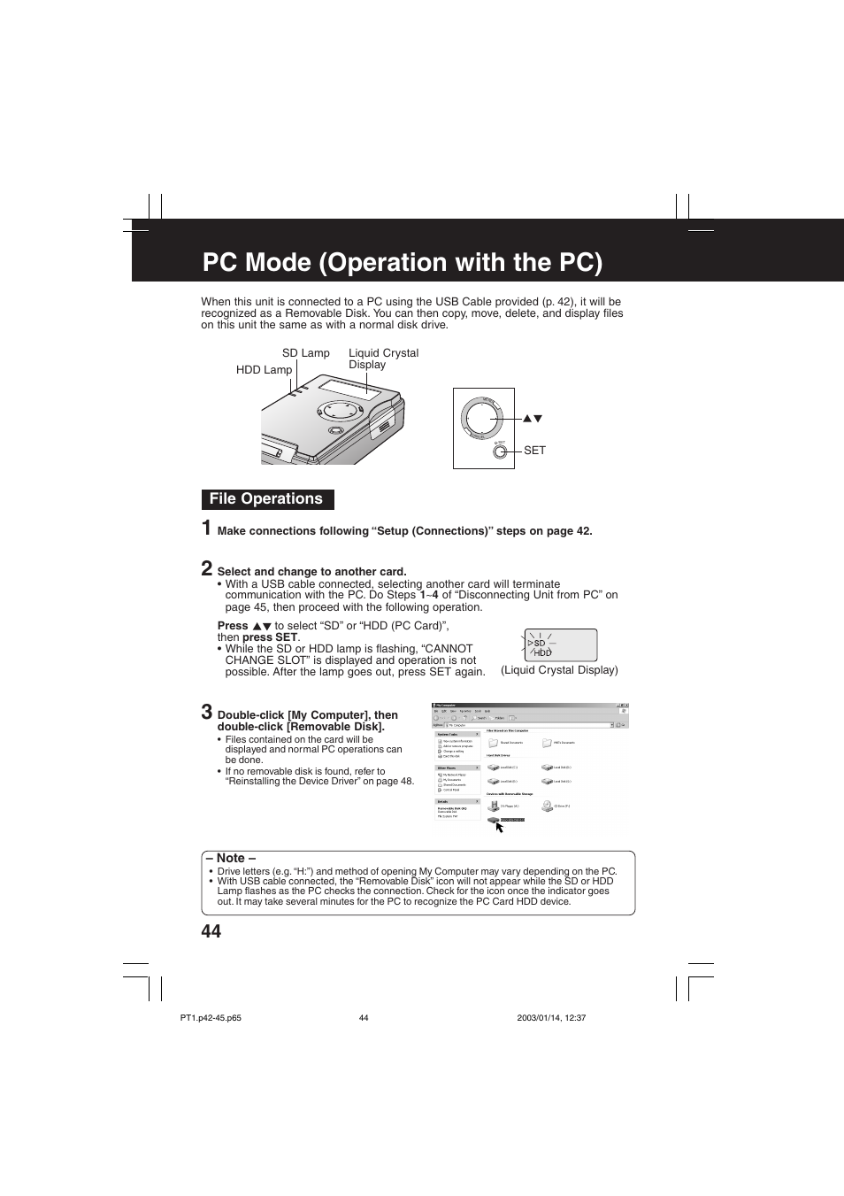 Operation with the pc, Pc mode (operation with the pc), File operations | Panasonic SV-PT1PP User Manual | Page 44 / 62