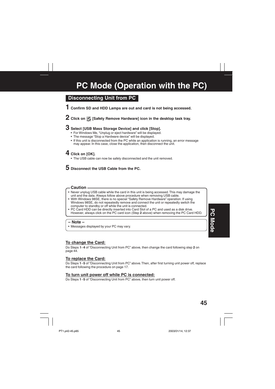 Pc mode (operation with the pc), Pc mode | Panasonic SV-PT1PP User Manual | Page 45 / 62