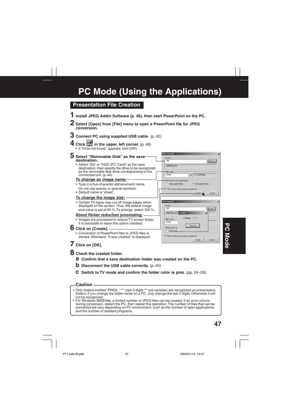 Pc mode (using the applications), Pc mode | Panasonic SV-PT1PP User Manual | Page 47 / 62