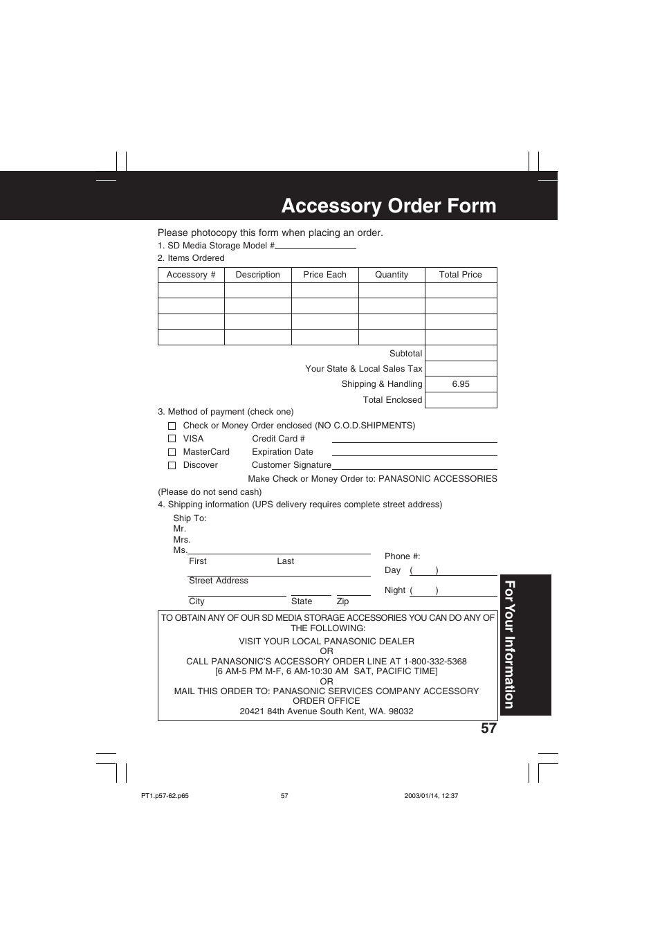 Accessory order form, For y our information | Panasonic SV-PT1PP User Manual | Page 57 / 62