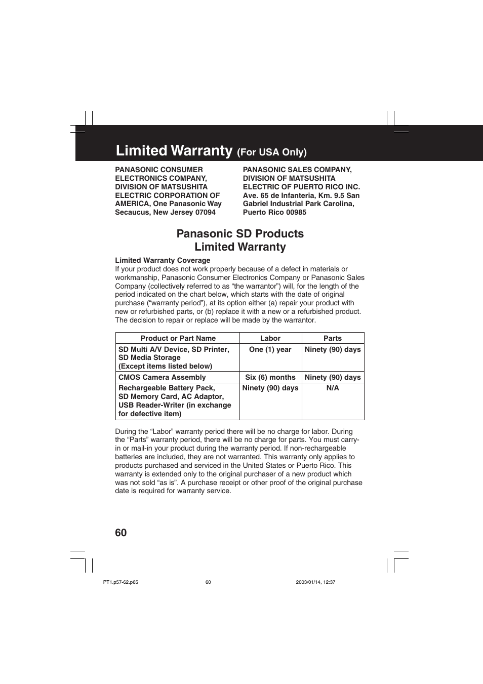 Limited warranty (u.s.a. only), Limited warranty, Panasonic sd products limited warranty | For usa only) | Panasonic SV-PT1PP User Manual | Page 60 / 62