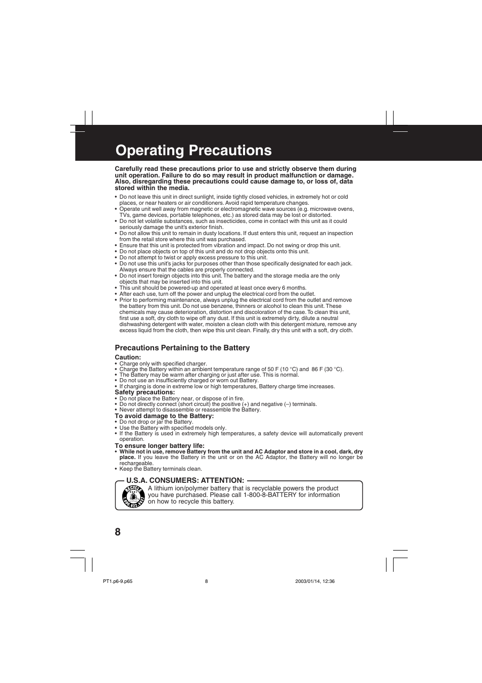 Operating precautions | Panasonic SV-PT1PP User Manual | Page 8 / 62