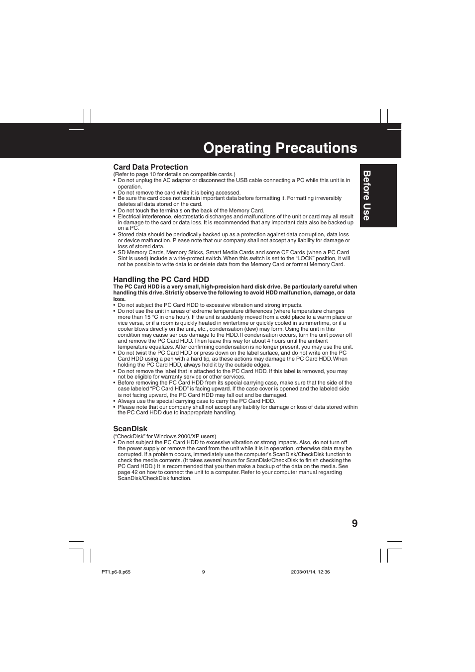 Operating precautions, Be fore use | Panasonic SV-PT1PP User Manual | Page 9 / 62