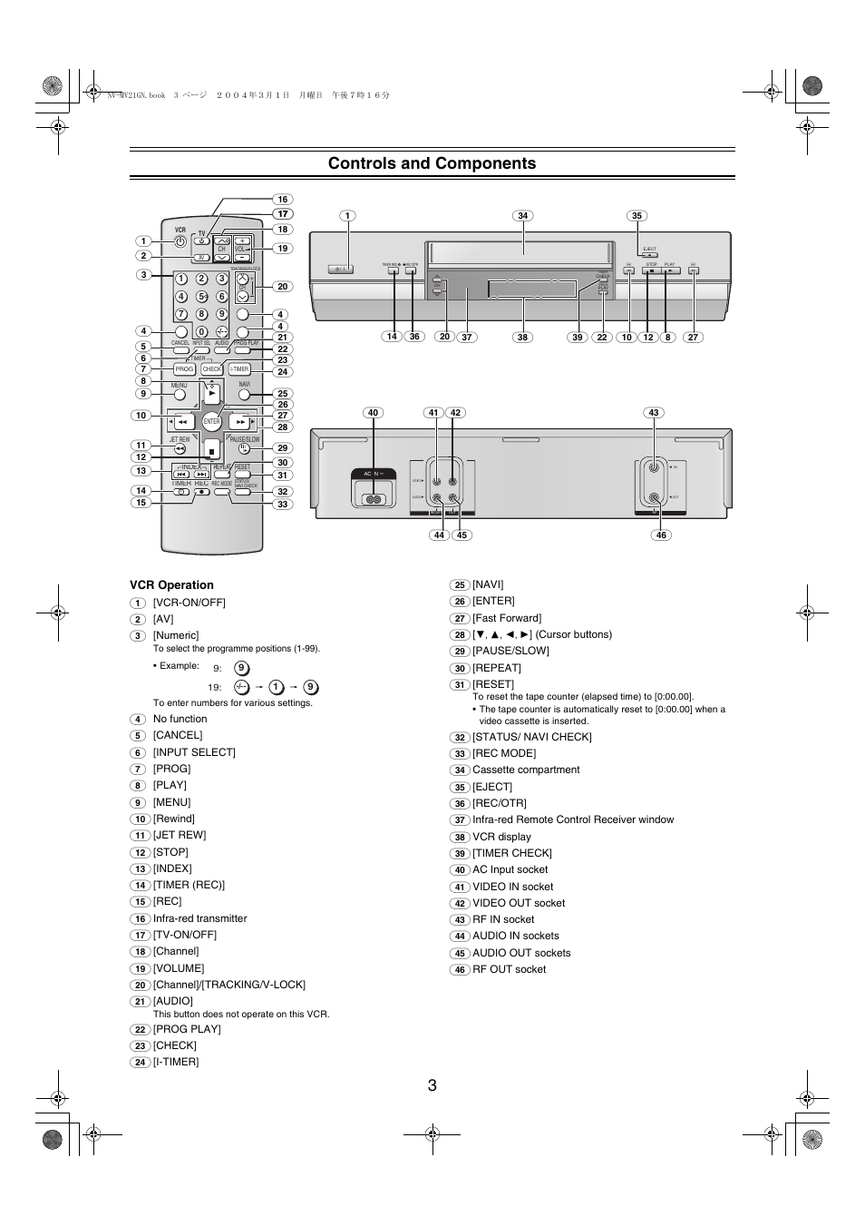 3controls and components, Vcr operation | Panasonic NV-MV21GN User Manual | Page 3 / 20
