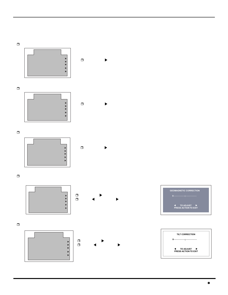 Auto set up menu, Enu 5, Geomagnetic correction | Tilt correction, Press vol to select english, spanish or french, Press vol to select tv or cable, Press vol to start auto programming | Panasonic CT-36SX12U User Manual | Page 7 / 72