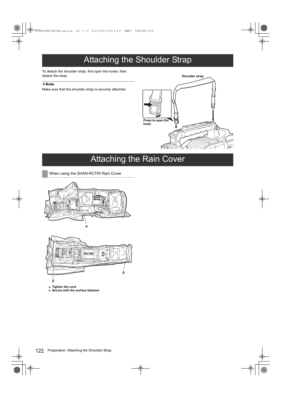 Attaching the shoulder strap, Attaching the rain cover | Panasonic AJ-P2C016RG User Manual | Page 122 / 212