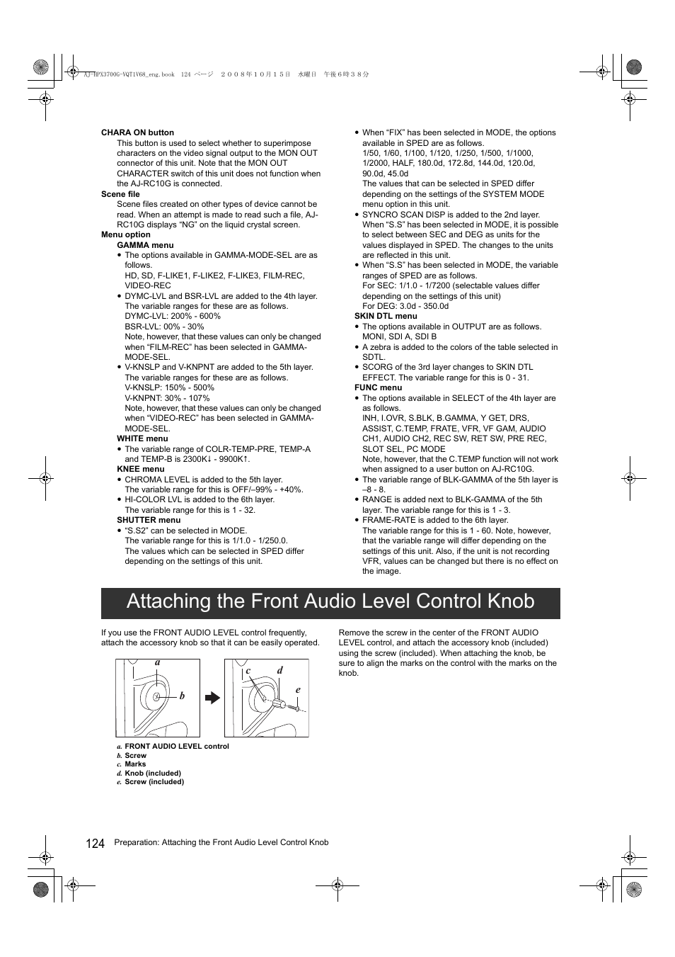 Attaching the front audio level control knob | Panasonic AJ-P2C016RG User Manual | Page 124 / 212