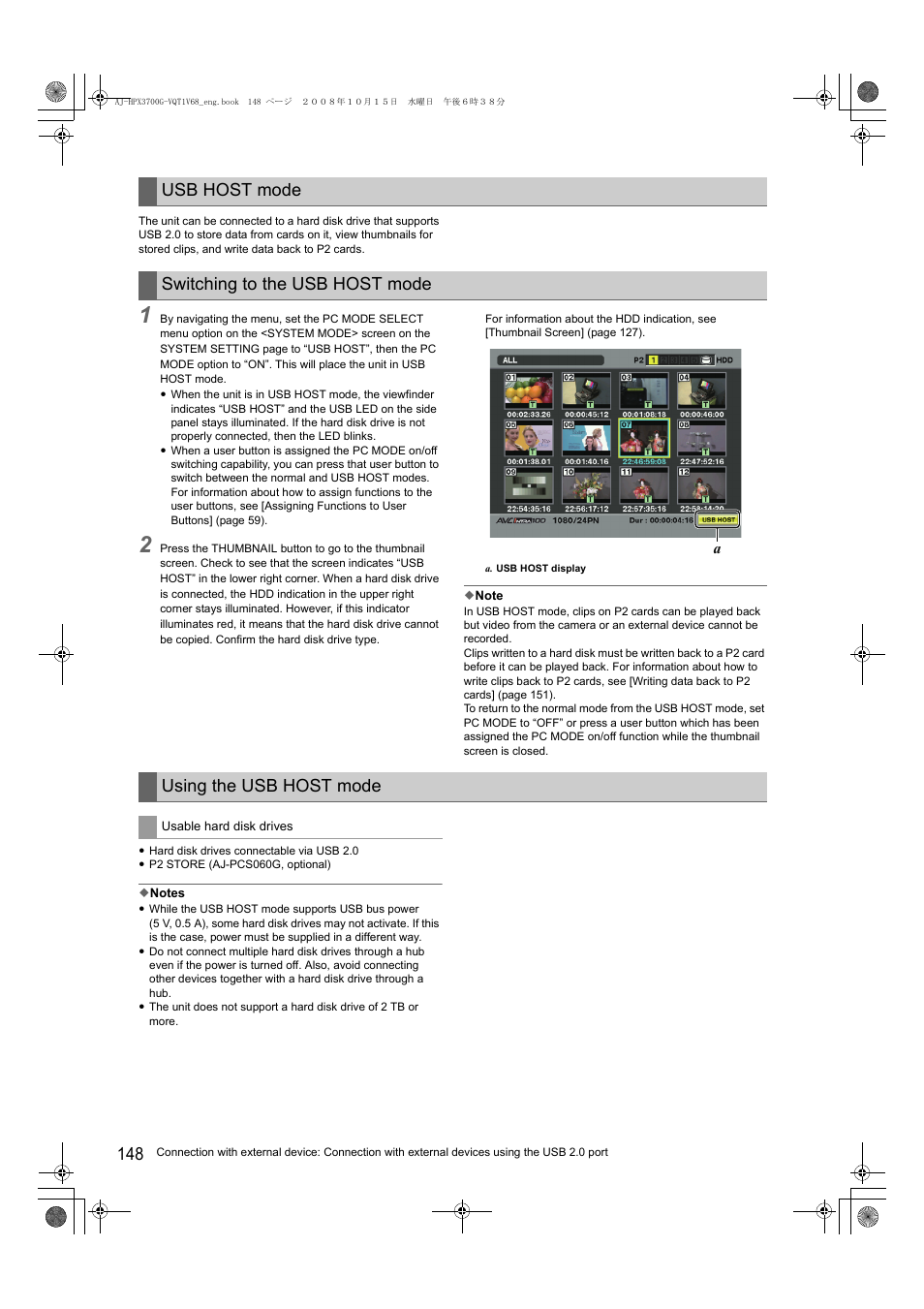 Usb host mode switching to the usb host mode, Using the usb host mode | Panasonic AJ-P2C016RG User Manual | Page 148 / 212