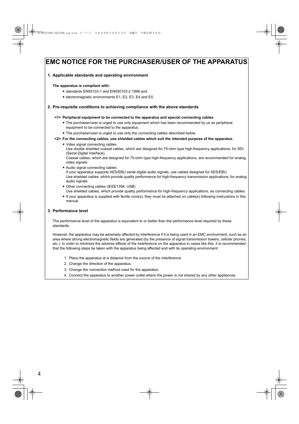 Emc notice for the purchaser/user of the apparatus | Panasonic AJ-P2C016RG User Manual | Page 4 / 212