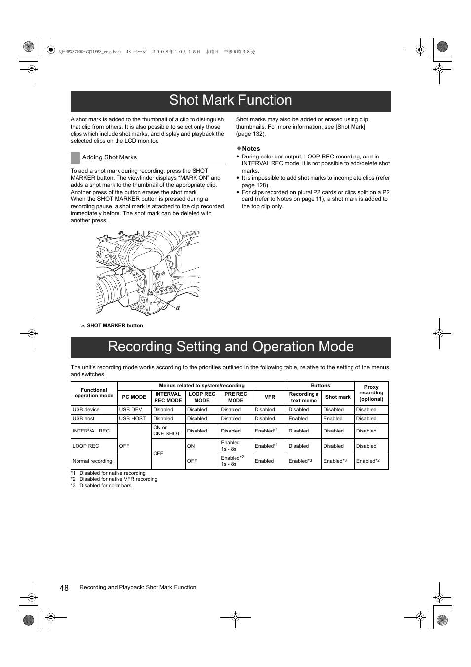 Shot mark function, Recording setting and operation mode | Panasonic AJ-P2C016RG User Manual | Page 48 / 212