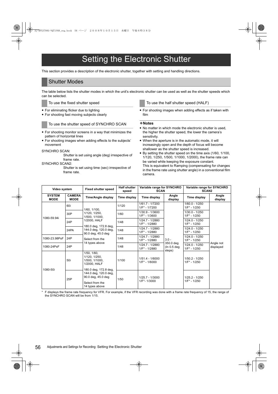 Setting the electronic shutter, Shutter modes | Panasonic AJ-P2C016RG User Manual | Page 56 / 212