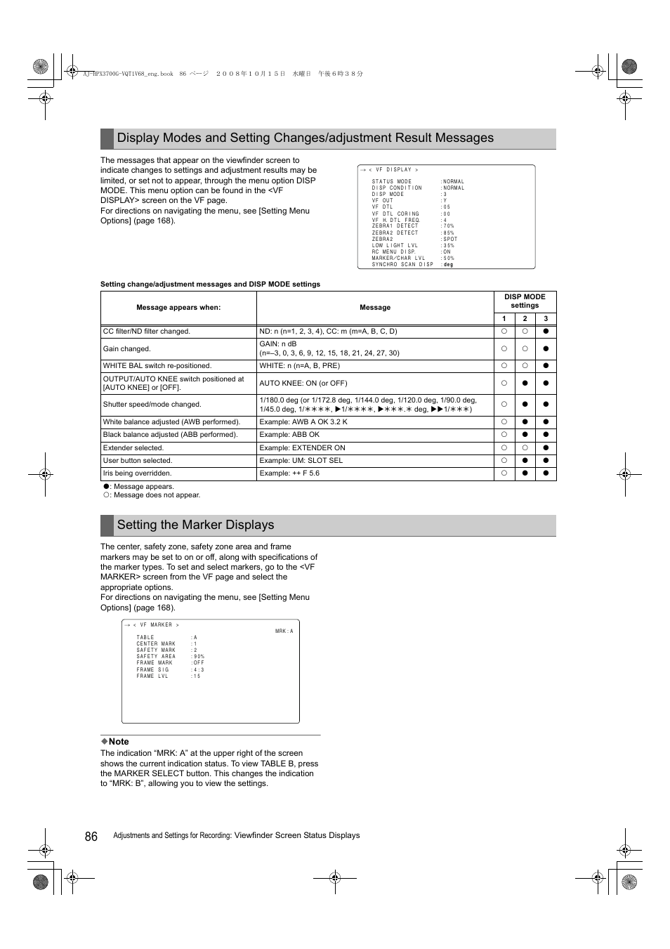 Setting the marker displays | Panasonic AJ-P2C016RG User Manual | Page 86 / 212