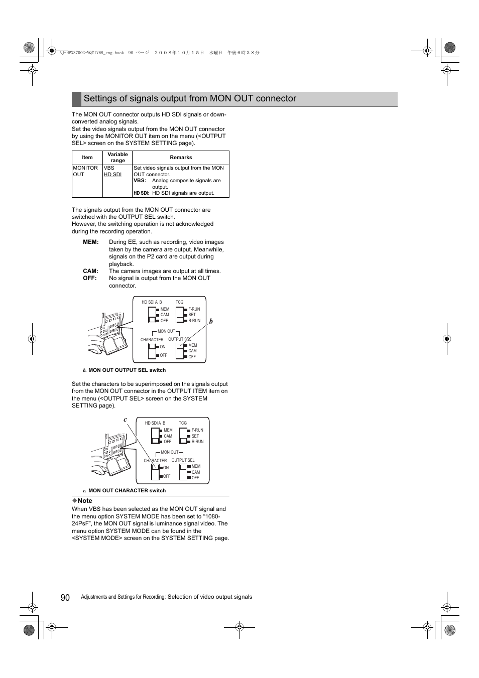 Settings of signals output from mon out connector | Panasonic AJ-P2C016RG User Manual | Page 90 / 212