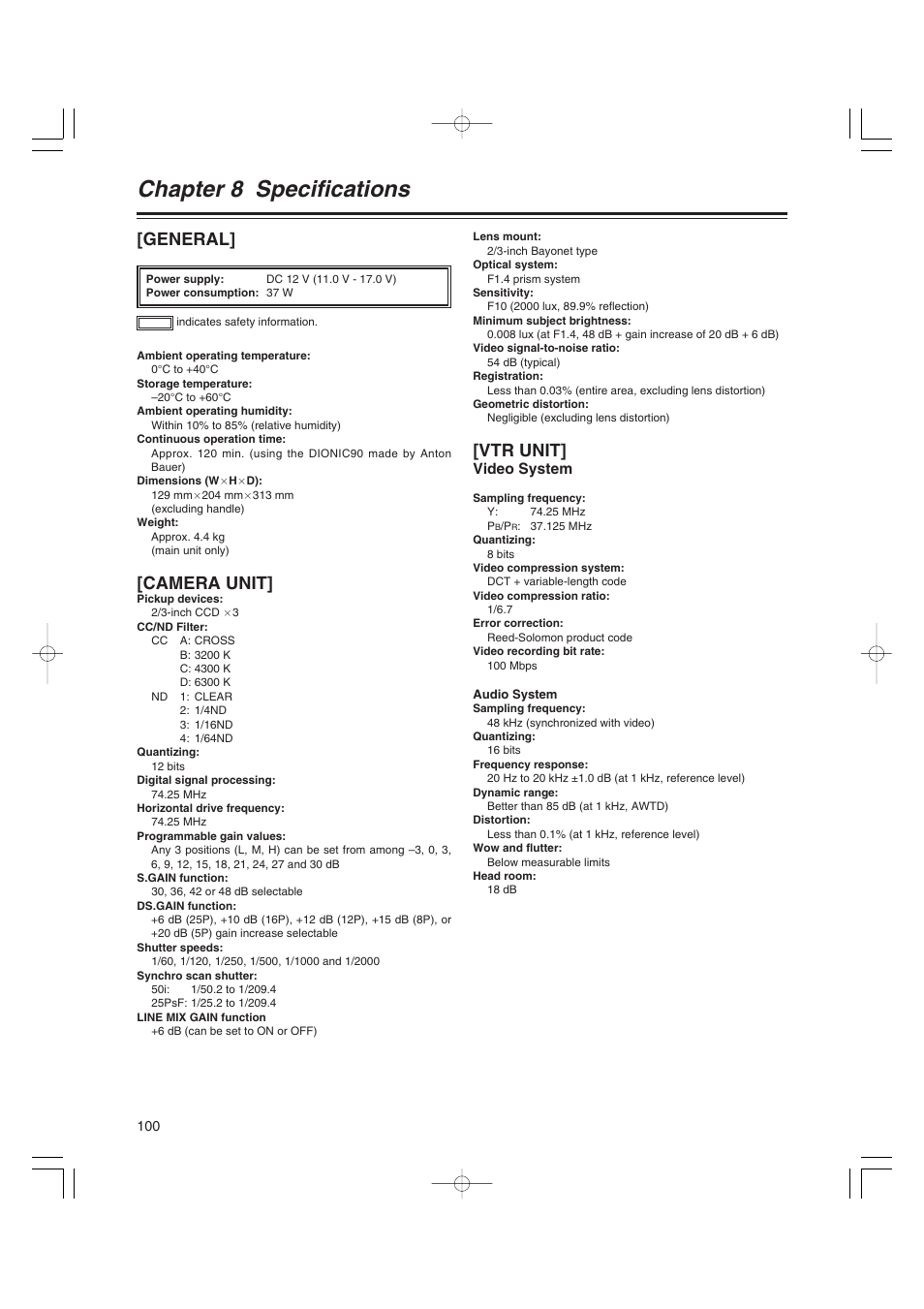 Chapter 8 specifications, Chapter 8, Specifications | General, Camera unit, Vtr unit, Video system | Panasonic AJ-HDX400E User Manual | Page 100 / 102