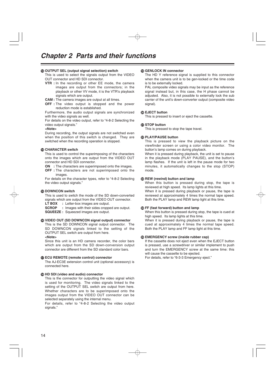 Chapter 2 parts and their functions | Panasonic AJ-HDX400E User Manual | Page 14 / 102