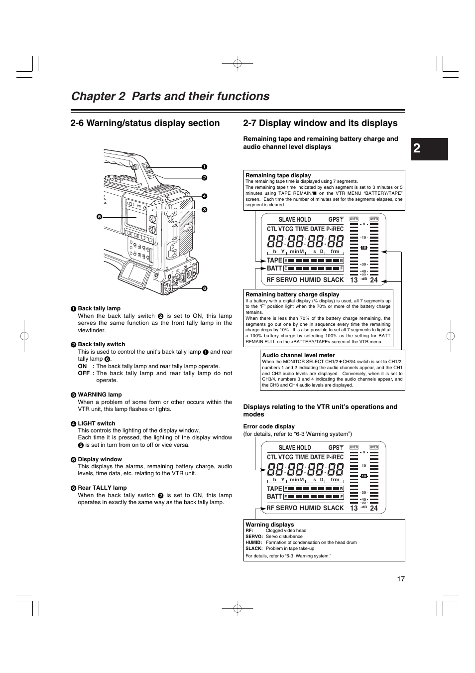6 warning/status display section, 7 display window and its displays, Warning/status display section | Display window and its displays, Chapter 2 parts and their functions | Panasonic AJ-HDX400E User Manual | Page 17 / 102
